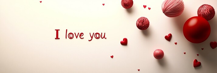 A beautiful Valentine's day card with writing "I love you" with red paper hearts and balls