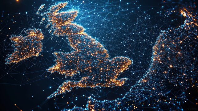 Digital representation of the United Kingdom with glowing connections and a starry background