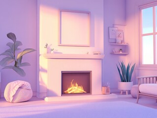A Scandinavian living room with a fireplace and a blank frame on the wall, exuding a minimalist, clean design. 