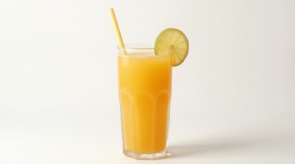Fototapeta premium Refreshing orange drink in a tall glass with a lime slice and straw on white background