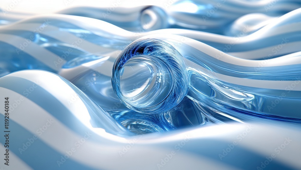 Poster abstract blue waves with glassy sphere creating a tranquil flow effect in fluid dynamics and modern 