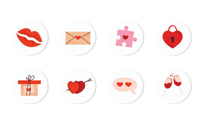 Set of cute round labels for Valentine’s Day. Includes hearts, lips, gifts, and love symbols. Perfect for cards, gift wrapping, and decor. Set scrapbooking elements. 
