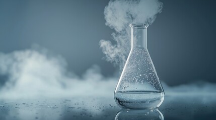 Close-Up of an Erlenmeyer Flask with Steaming Liquid and Mist on a Reflective Surface