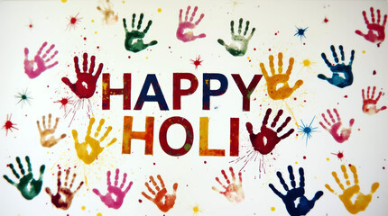 Vibrant Holi Festival Wall Art with Colorful Handprints and Festive Message