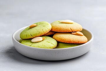 Organic matcha dessert. Delicious green and orange cookies on a plate.