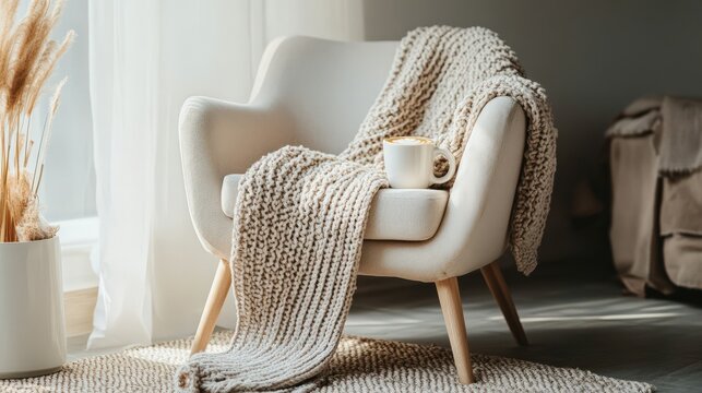 Cozy armchair with knitted throw and coffee