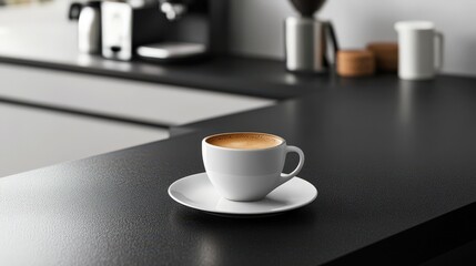 A single cup of coffee sits on a dark countertop