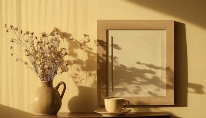 A wooden picture frame mockup on a beige wall, with a vase, dry flowers, and a coffee cup on a table, creating a modern home office art display. 