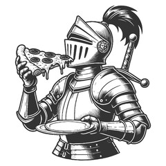 Naklejka premium medieval knight in full armor enjoying pizza slice, historical imagery with humorous elements sketch engraving generative ai raster illustration. Scratch board imitation. Black and white image