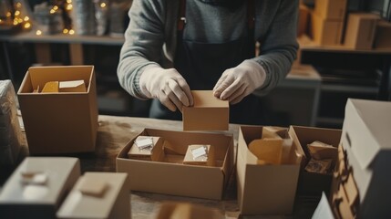 Small business owner carefully placing a cardboard box into a larger shipping box, surrounded by other packages and working diligently in their warehouse or workshop