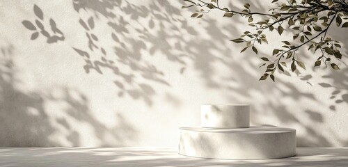 An abstract white stone podium with delicate leaf shadows, perfect for showcasing products in a 3D rendering