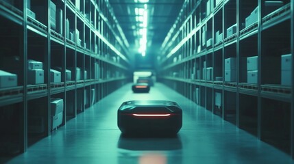 Autonomous robots navigating high-tech warehouse with efficient precision.
