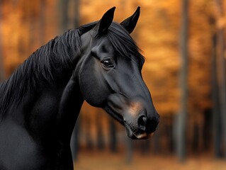 Obraz premium A black horse standing in front of a forest