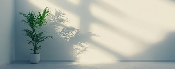 An empty white wall interior with a small plant placed in the corner, offering a clean backdrop for any design