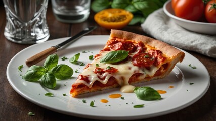 A Deliciously Hot Juicy Pepperoni Pizza Slice with Melting Melted Stringy Cheese Being Served on a White Plate with a Side of Fresh Green Basil Leaves