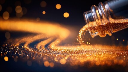 Gold glitter spills from glass vial, creating sparkling trail on dark surface