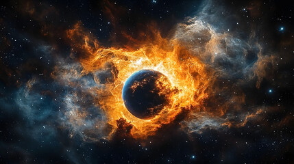 Cosmic Inferno: A fiery nebula embraces a planet in this breathtaking space artwork.