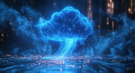 Fototapeta premium Abstract Digital Cloud with Blue Glowing Effects Above Circuit Board Background, Representing Technology and Innovation in Cloud Computing and Data Management