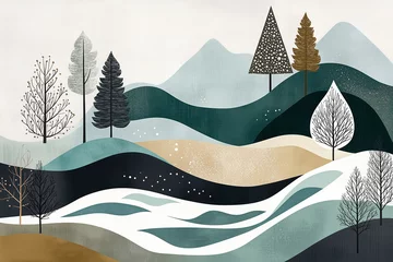 Gordijnen  A Scandinavian modern poster featuring geometric depictions of trees and flowing rivers, in a harmonious color palette of taupe, teal, and sage gray © Olena Kapinus