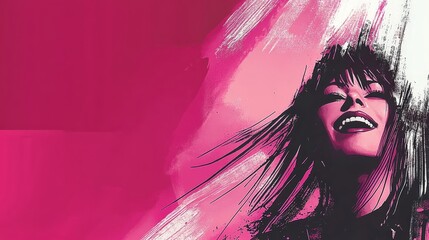 Vibrant Pink Artwork Featuring a Happy Woman with Flowing Hair