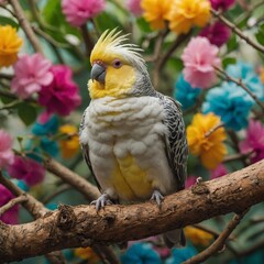 A cockatiel in a cozy nest on a tree branch in a colorful aviary setting.