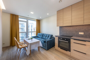 Modern Apartment Living Room with Kitchen and Stylish Furniture. Home Interior