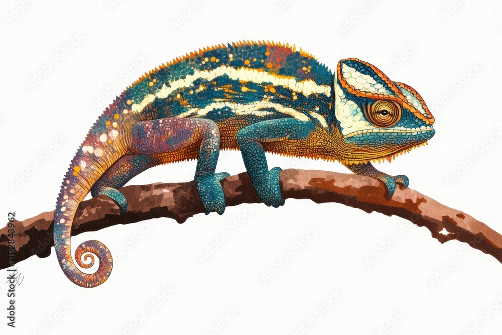 Aufkleber detailed illustration of a colorful chameleon resting on a branch in a natural setting. generative a