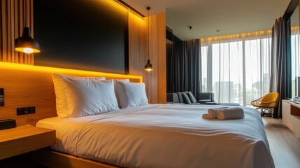 This contemporary hotel room features a comfortable bed, stylish furniture, and large windows offering stunning views, creating an inviting and peaceful atmosphere.