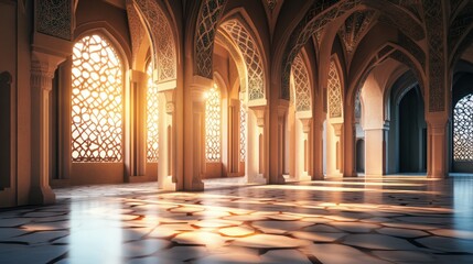Obraz premium Golden hour light illuminates intricate arches in grand Middle Eastern architecture