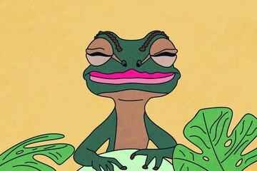 Quirky cartoon frog with pink lips and green leaves