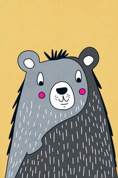 Cheerful cartoon bear with blush cheeks on yellow background