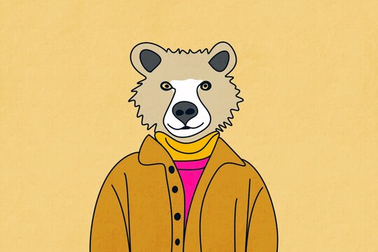 Anthropomorphic bear wearing winter coat and scarf illustration