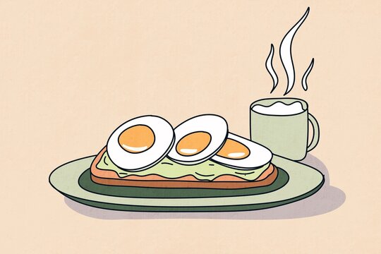 Delicious breakfast with toast, eggs, and coffee illustration