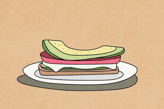 Creative illustration of a breakfast sandwich with vibrant toppings
