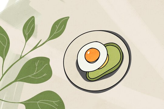 Minimalist illustration of a breakfast with avocado and egg on a plate