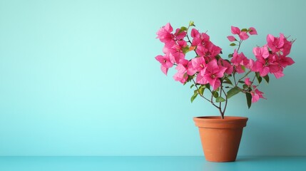 Pink Bougainvillea Blooms in Terracotta Pot Against Turquoise Wall