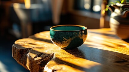 Naklejka premium A beautifully crafted teal ceramic bowl sits gracefully on a rustic wooden table, capturing the essence of elegance and simplicity in home styling.