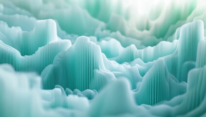 Obraz premium Abstract Green and Aqua Landscape with Layered Peaks and Troughs, Capturing Depth and Texture in a Serene Environment of Soft Color Gradients and Fluid Shapes