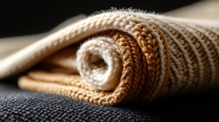 A neatly rolled cream and beige knitted blanket placed on a textured dark surface, adding warmth and comfort to a living space or bedroom decor.