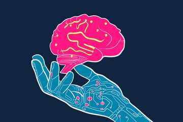 Futuristic illustration of robotic hand holding brain technology