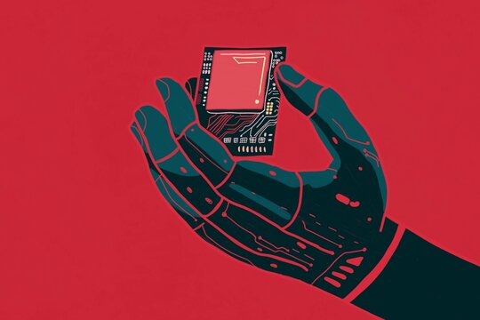 Robotic hand holding circuit chip with futuristic background