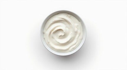 Bowl of creamy yogurt on a white background, showcasing smooth texture and freshness