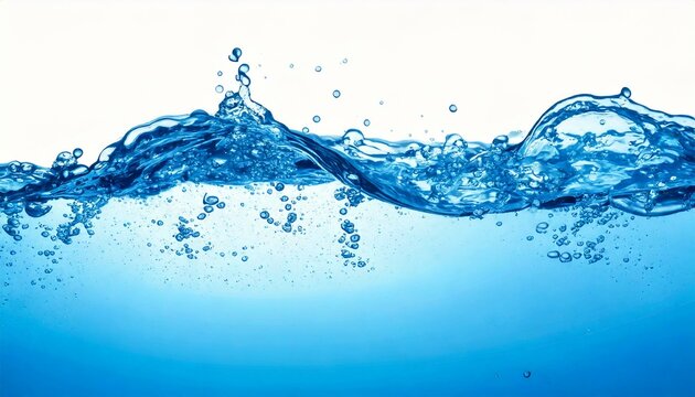 Blue water splashes, dynamic wave motion, droplets scatter across smooth surface, vibrant contrast with white background, refreshing energy, liquid movement, clear drops, fluid motion, wet splash, dyn