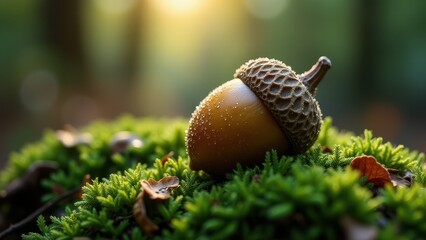 Close-Up of Acorn on Mossy Surface in Beautiful Morning Light

