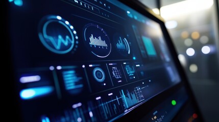 Futuristic computer screen displaying complex data analysis with various graphs, charts, and metrics, suggesting advanced technological capabilities and data visualization in a modern setting