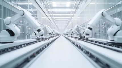 A high-tech robotic assembly line in a clean electronics factory, featuring robots assembling complex components, clean and organized environment with a focus on high-speed automation