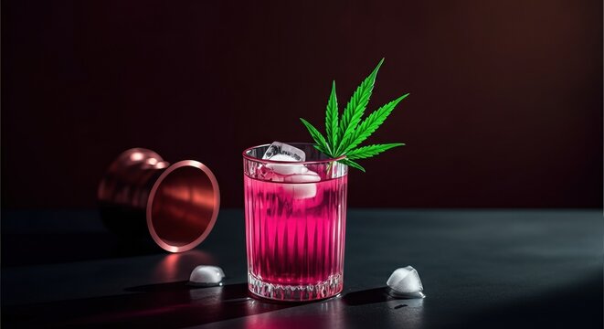 Refreshing pink cocktail garnished with cannabis leaves and ice