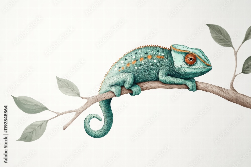 Fototapete colorful chameleon perched on a branch in a serene setting with leaves in the background. generative