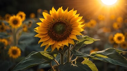 Fototapeta premium Sunflower Field at Sunset With Vibrant Flowers and Golden Light Illuminating Nature's Beauty