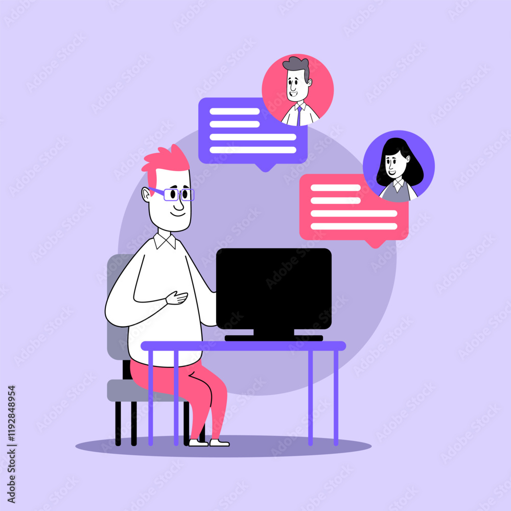 Wall mural man in glasses having video call with colleagues vector illustration. manager discussing project wit